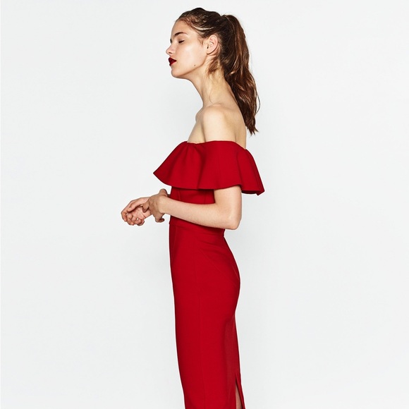 ZARA shoulder off red midi red dress size medium - Picture 3 of 11